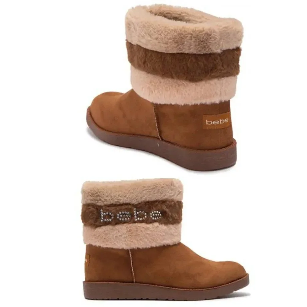 BEBE‎ Women's BootS Size7.5 Embellished Faux Fur Trim Rhinestone Stud Logo NEW